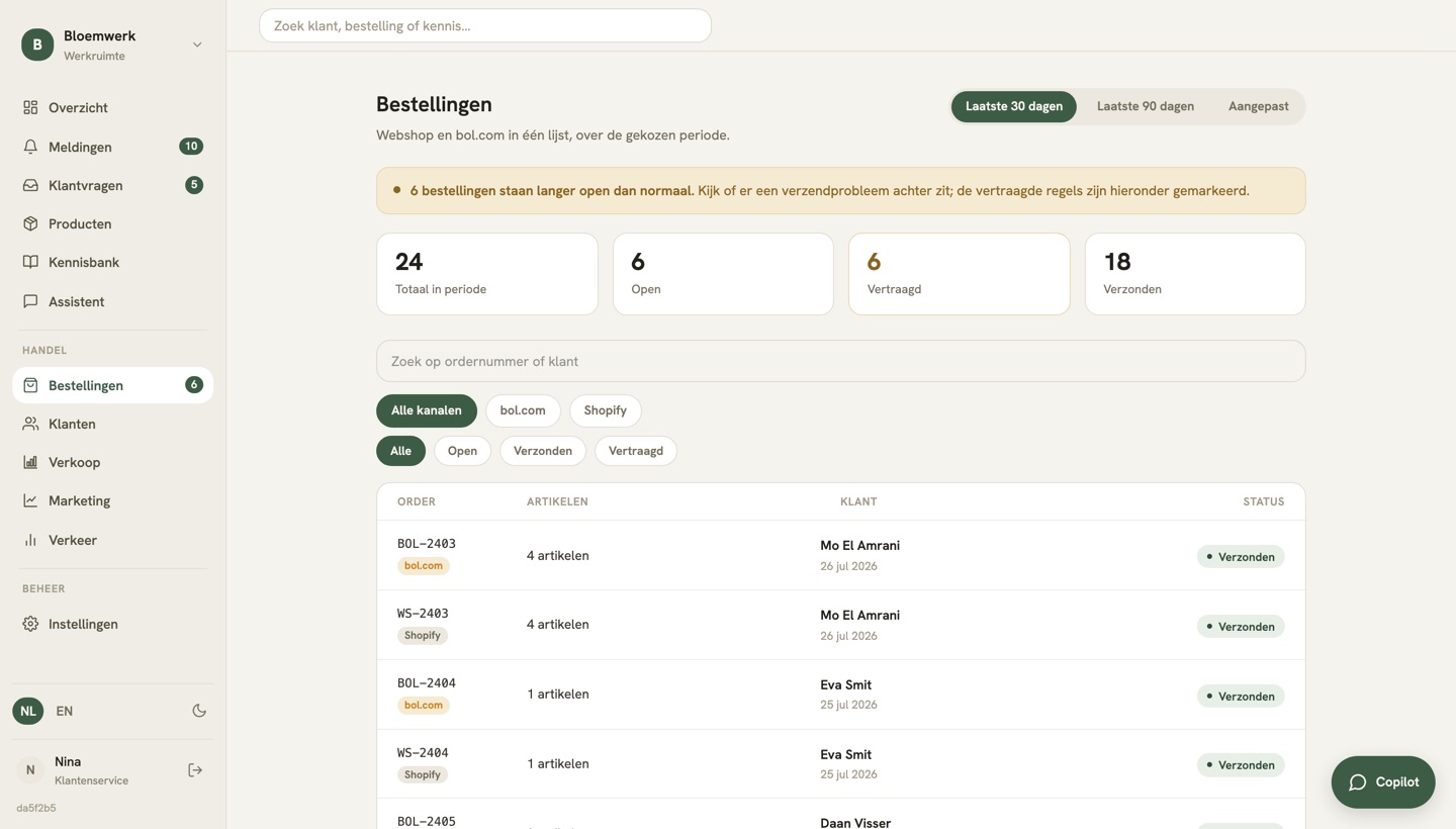 Bestellingen uit Shopify in Soreya, met de orders die hun beloofde levertijd niet halen bovenaan. Opname uit de app met voorbeelddata.